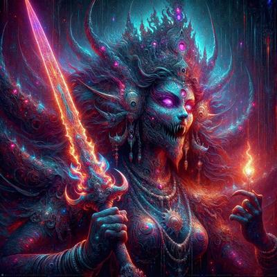 The primary subject of the image is a woman with a demonic appearance, holding a sword. She is wearing a necklace and has a demonic face. The setting is a dark, purple-colored environment, which adds to the overall mood of the image. The visual style is a digital art or illustration, creating a surreal and fantastical atmosphere.